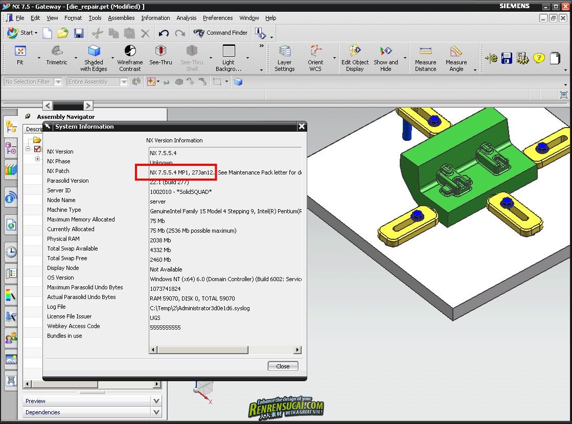 《 CAD/CAE/CAM集成化软件》Siemens PLM NX 7.5.5.4 MP01 32bit &amp; 64bit Upgrade