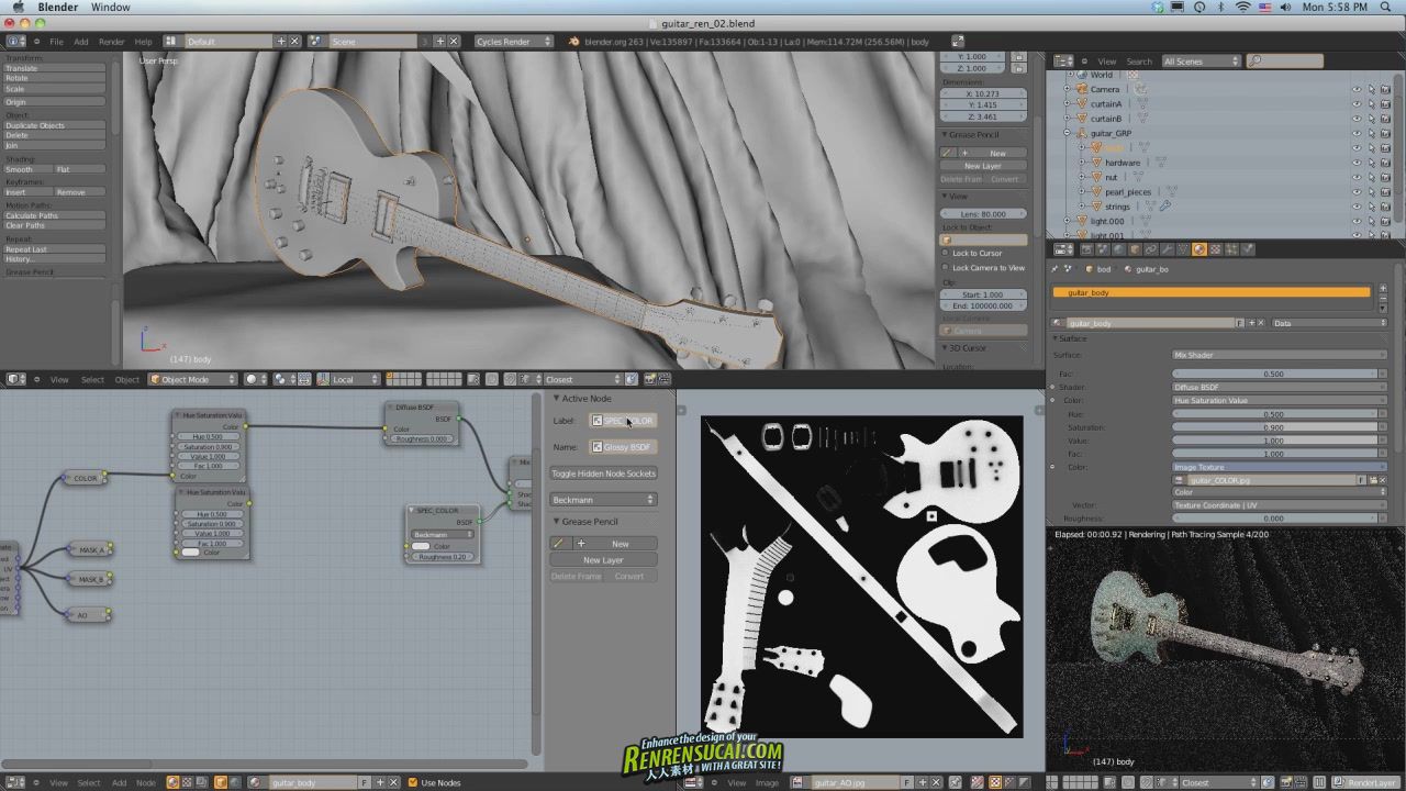 《Blender吉他渲染照明教程》CG Cookie Rendering a Guitar in Blender with Cycles