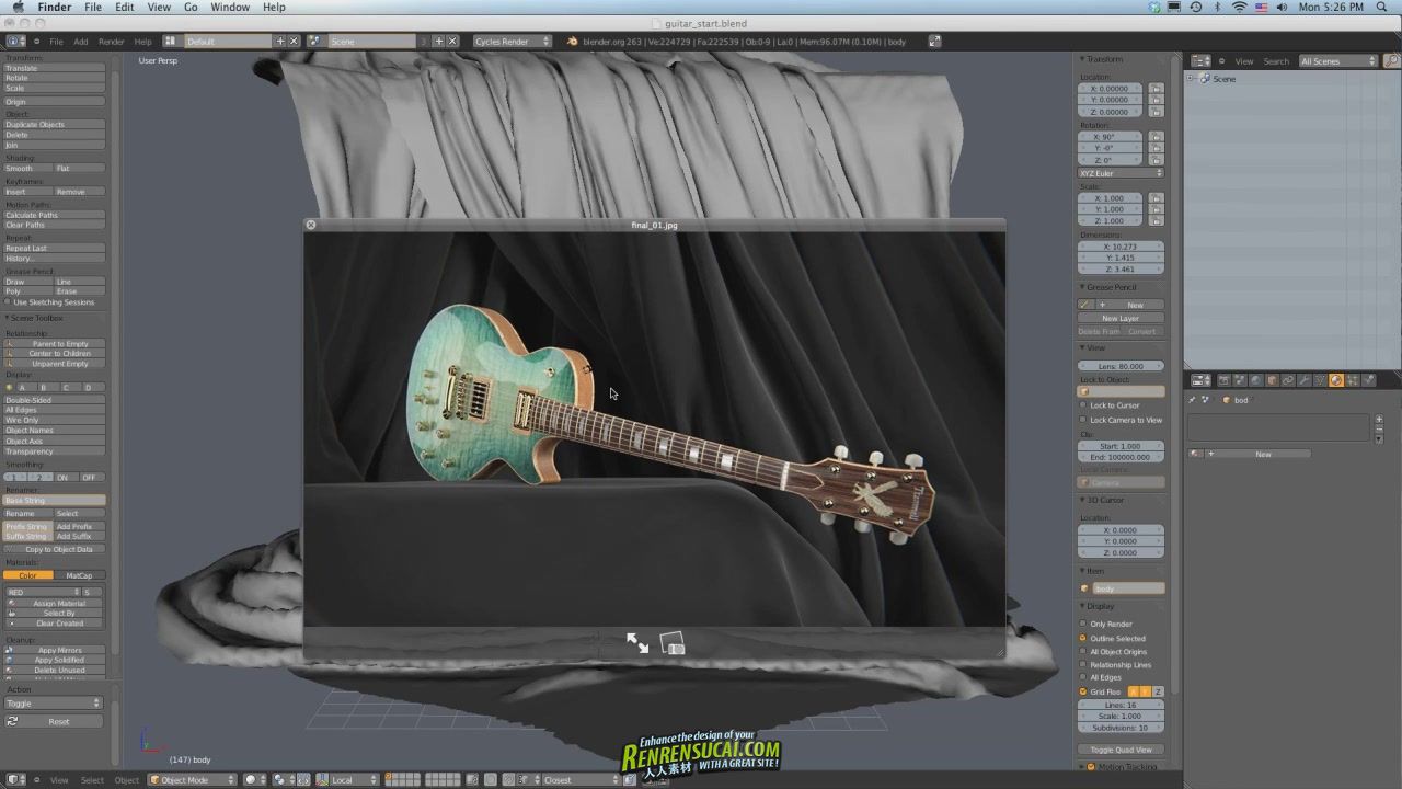 《Blender吉他渲染照明教程》CG Cookie Rendering a Guitar in Blender with Cycles