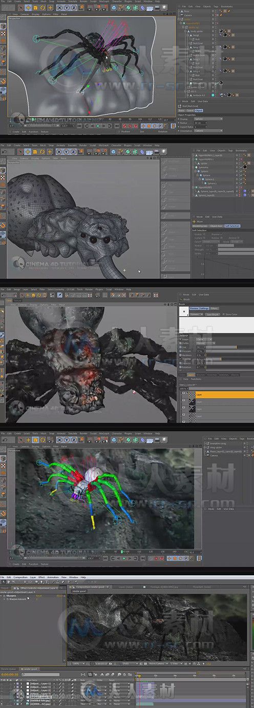 C4D巨型蜘蛛特效制作视频教程 Cinema 4D Tutorial.Net Giant Spider Compositing i...