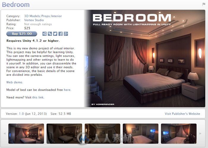 unity3d 室内场景模型 bedroom 夜晚卧室场景