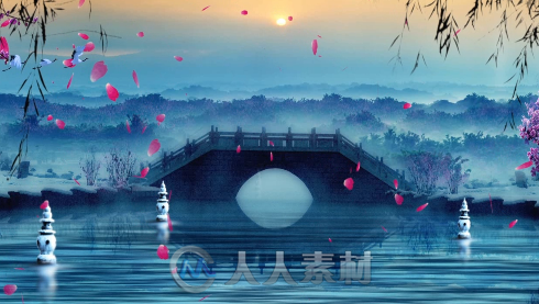 中国风水墨江南拱桥花瓣冬季雪景唯美意境led大屏幕背景视频素材