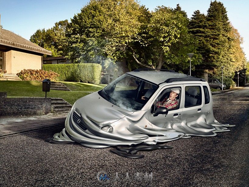 汽车融化-surreal scenes show melting cars disappear into suburban streets