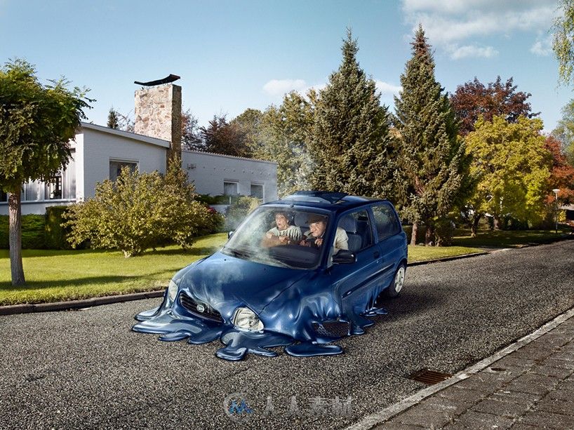 汽车融化-surreal scenes show melting cars disappear into suburban streets