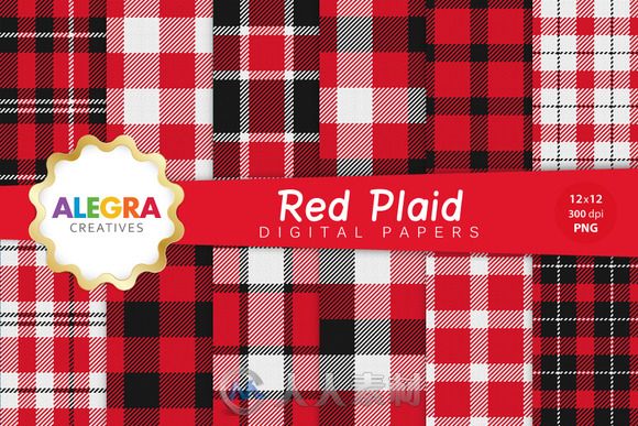 红格子花纹平面素材合辑Red Plaid Digital Paper Pack 587767