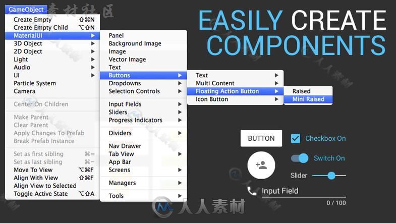 点击按钮创建组件MaterialUIGUI编辑器扩充Unity素材资源