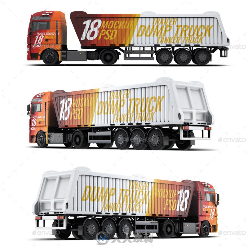 三款长挂运输货柜卡车展示PSD模板trucks-mock-up-12463437