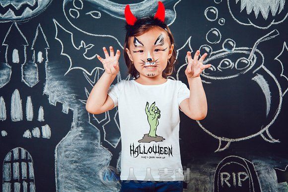 万圣节主题儿童照展示PSD模板Halloween Kids T-Shirt Mock-Up