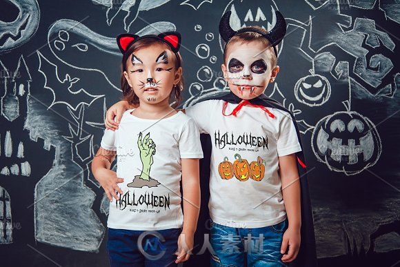 万圣节主题儿童照展示PSD模板Halloween Kids T-Shirt Mock-Up