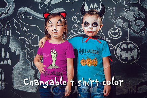 万圣节主题儿童照展示PSD模板Halloween Kids T-Shirt Mock-Up