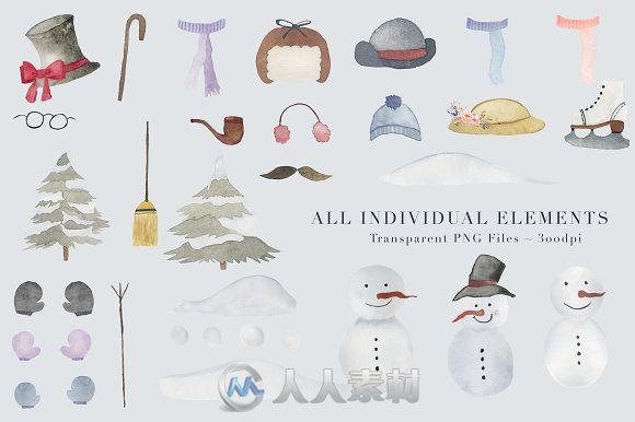 水彩风格冬日雪人插画展示PSD模板Snowman Scene Creator &amp; Clipart