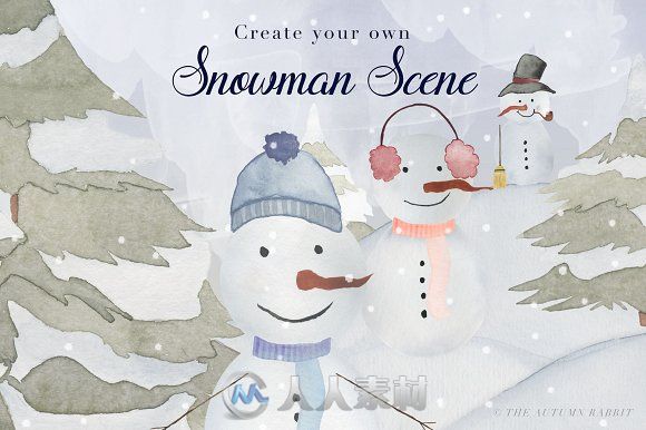 水彩风格冬日雪人插画展示PSD模板Snowman Scene Creator &amp; Clipart