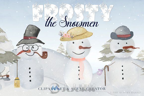 水彩风格冬日雪人插画展示PSD模板Snowman Scene Creator &amp; Clipart