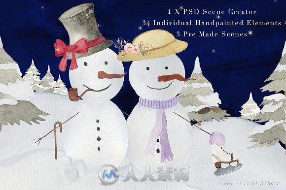 水彩风格冬日雪人插画展示PSD模板Snowman Scene Creator &amp; Clipart