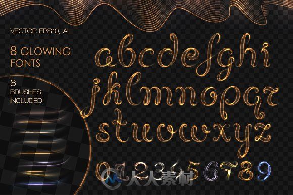 8款金属风格字符笔刷AI模板8 GLOWING METAL FONTS 8 BRUSHES