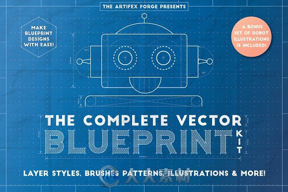 蓝图风格展示AI模板The Complete Vector Blueprint Kit