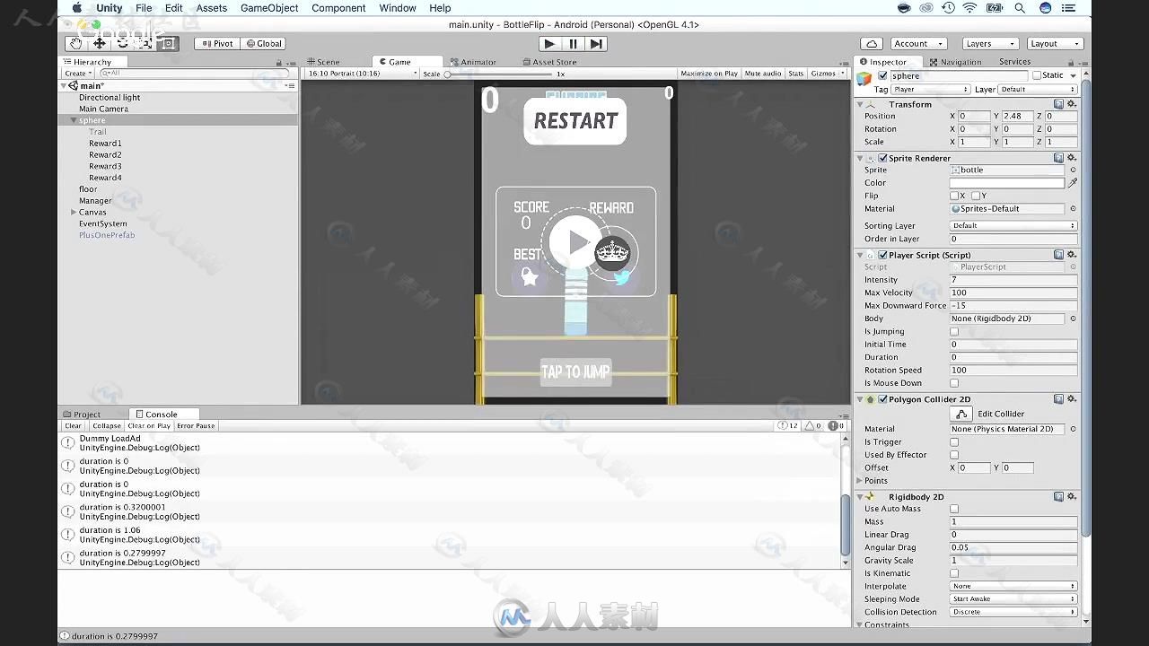 Unity抛塑料瓶手游实例训练视频教程 UDEMY UNITY 5 CLONE BOTTLE FLIP 2K16 FAST A...