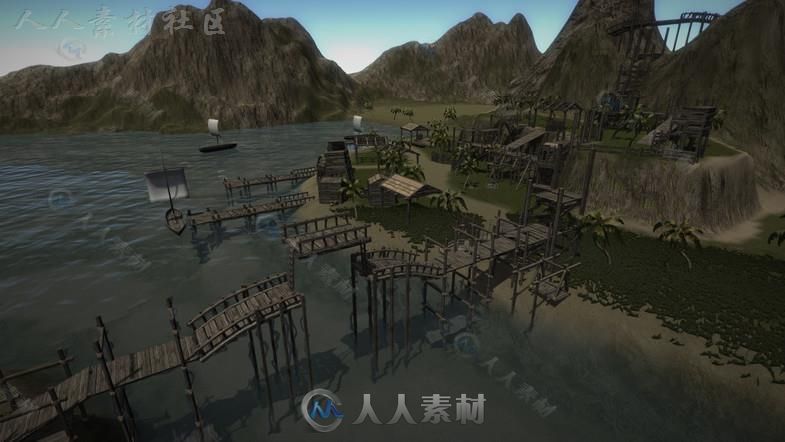 废弃的岛屿上木制的钓鱼码头风景环境3D模型Unity游戏素材资源