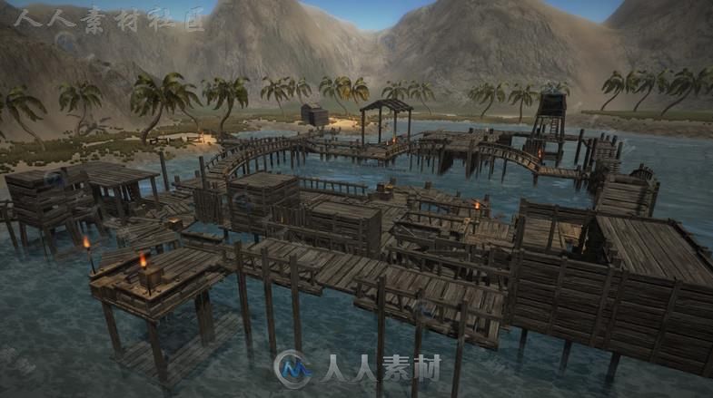 废弃的岛屿上木制的钓鱼码头风景环境3D模型Unity游戏素材资源