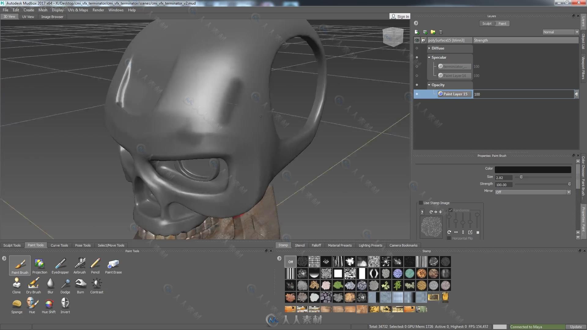 Maya终结者金属骷髅实例制作视频教程 CMIVFX TEXTURING AND LOOK DEV FOR GRAPHIC ...