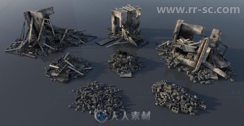 战争后的城市废墟场景环境3D模型合辑