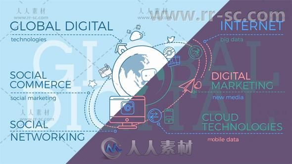 扁平化线性风格运动图全球互联网项目展示幻灯片AE模板Videohive Global Digital W...