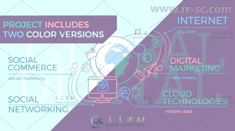 扁平化线性风格运动图全球互联网项目展示幻灯片AE模板Videohive Global Digital W...