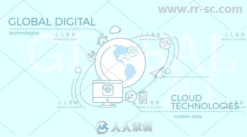 扁平化线性风格运动图全球互联网项目展示幻灯片AE模板Videohive Global Digital W...