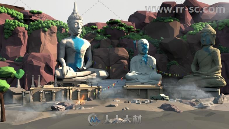 低聚多边形艺术风格亚洲古代建筑环境3D模型Unity游戏素材资源