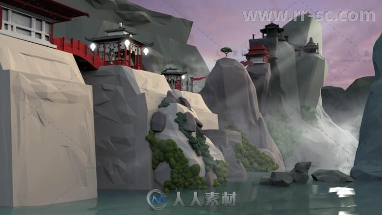 低聚多边形艺术风格亚洲古代建筑环境3D模型Unity游戏素材资源