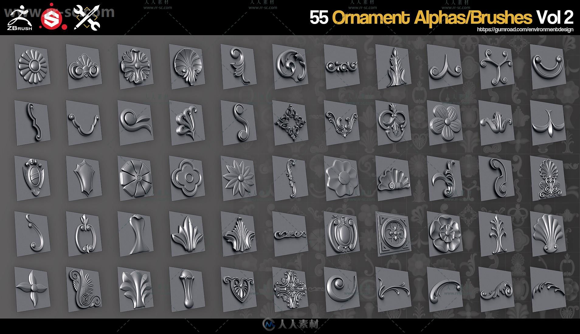 55组Zbrush饰品纹理雕刻贴图等合辑 GUMROAD ZBRUSH SP 55 ORNAMENT BRUSHES + ...