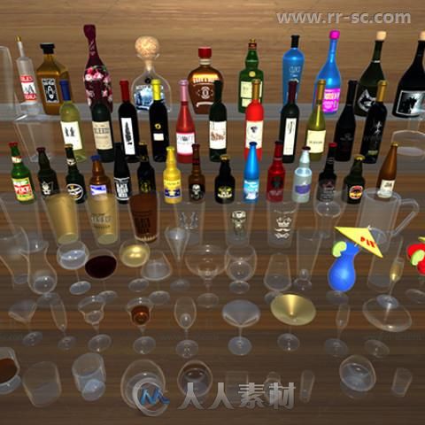 葡萄酒瓶啤酒瓶香槟酒瓶酒瓶杯垫和玻璃器皿道具3D模型Unity游戏素材资源