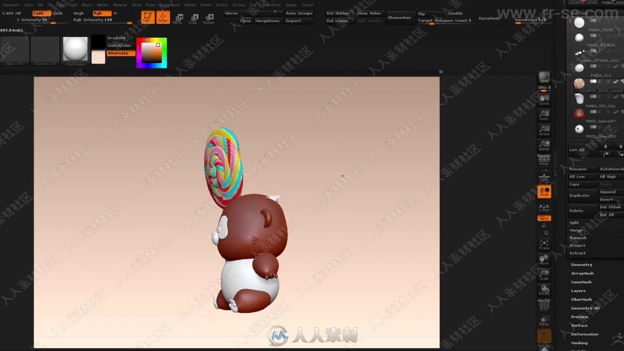 Zbrush棒棒糖熊猫卡通角色完整制作视频教程