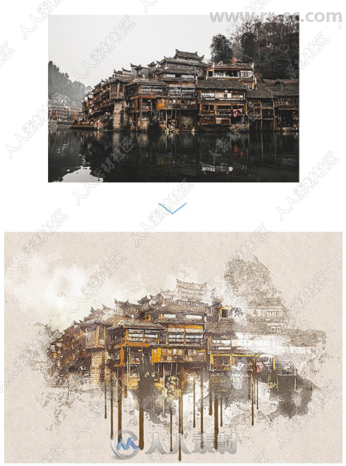 水彩水墨绘画风景艺术特效PS动作