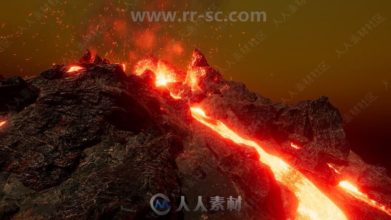 逼真形象火红色熔岩与火山环境Unity游戏素材资源