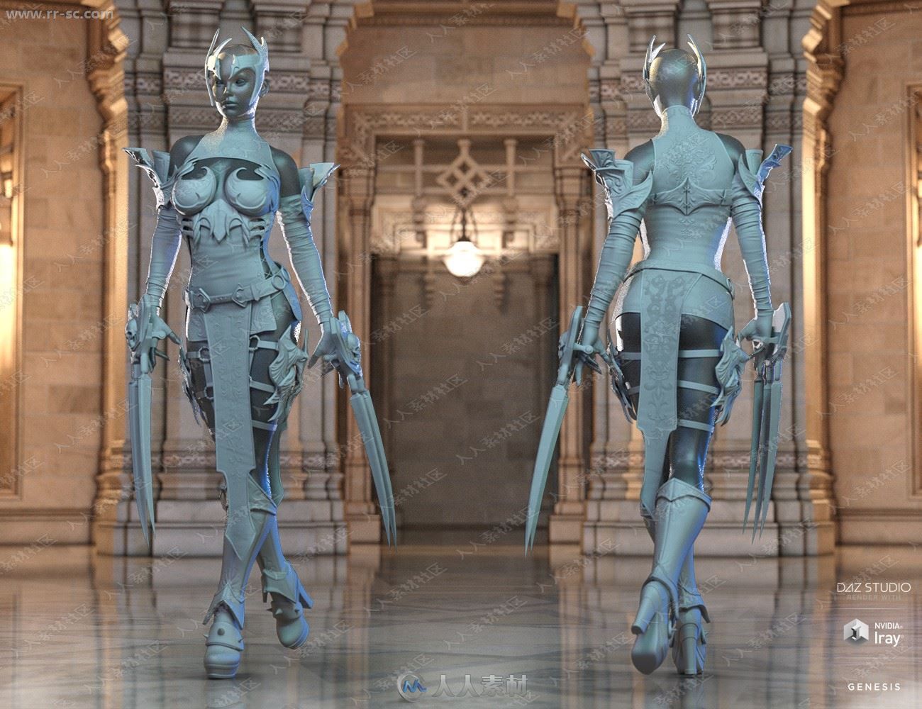 奇幻女战士多套不同颜色铠甲锋利武器3D模型