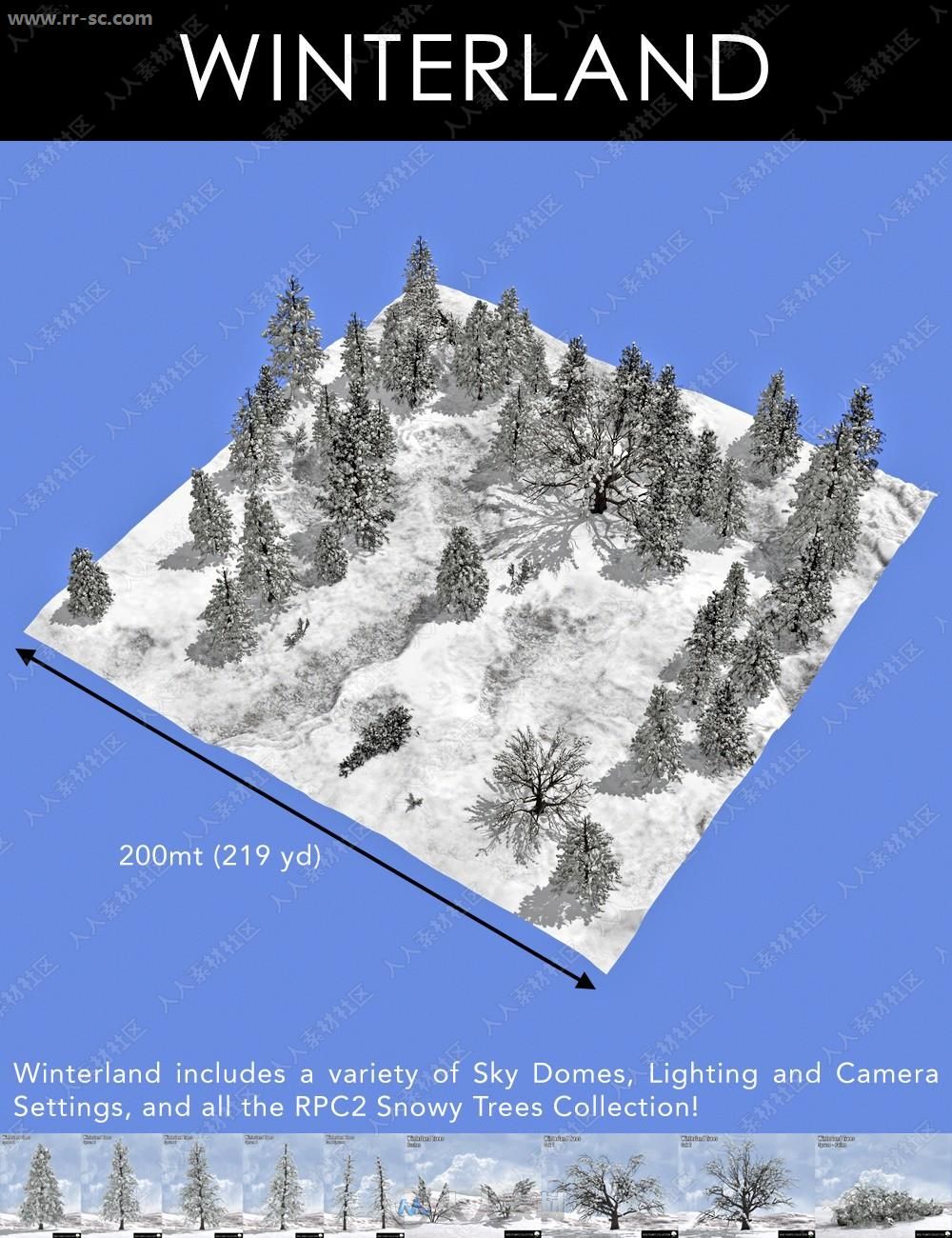 雪地景观雄伟云杉橡树和灌木3D模型