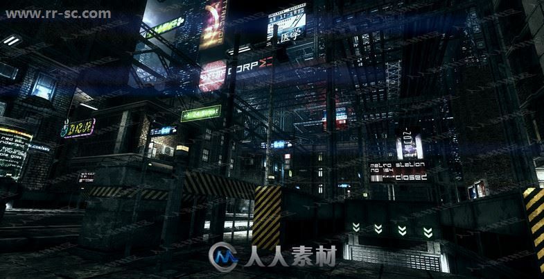 暗黑未来世界科技城市街头建筑物3D模型Unity游戏素材资源