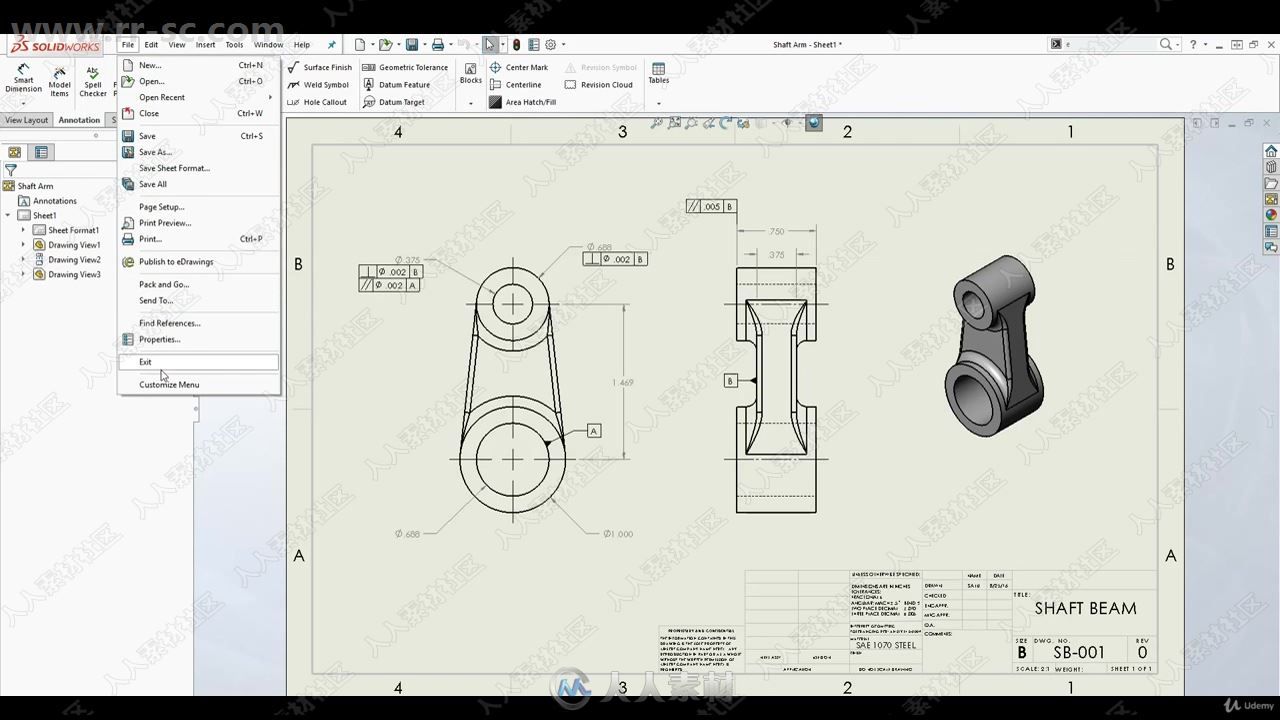 Solidworks中3D建模与2D绘图技术训练视频教程