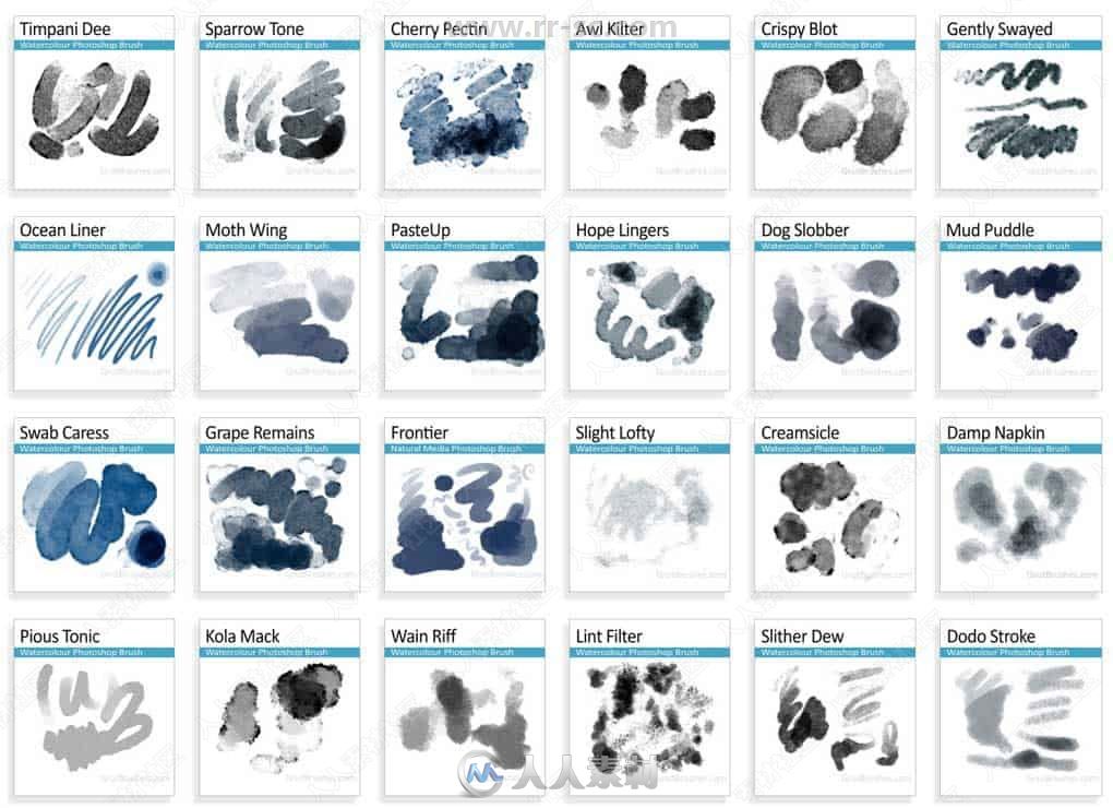 350组水彩水墨艺术家绘画PS笔刷合集