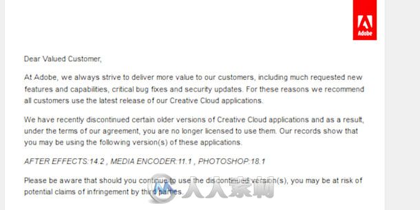 Adobe公司提醒Creative Cloud用户使用旧版本工具可能会承担法律风险