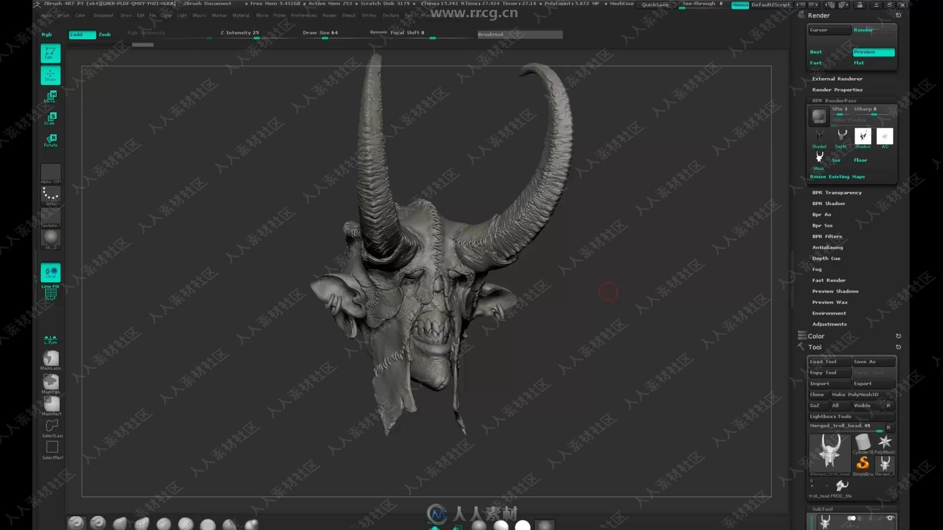 ZBrus巨魔兽人怪兽游戏角色雕刻制作视频教程