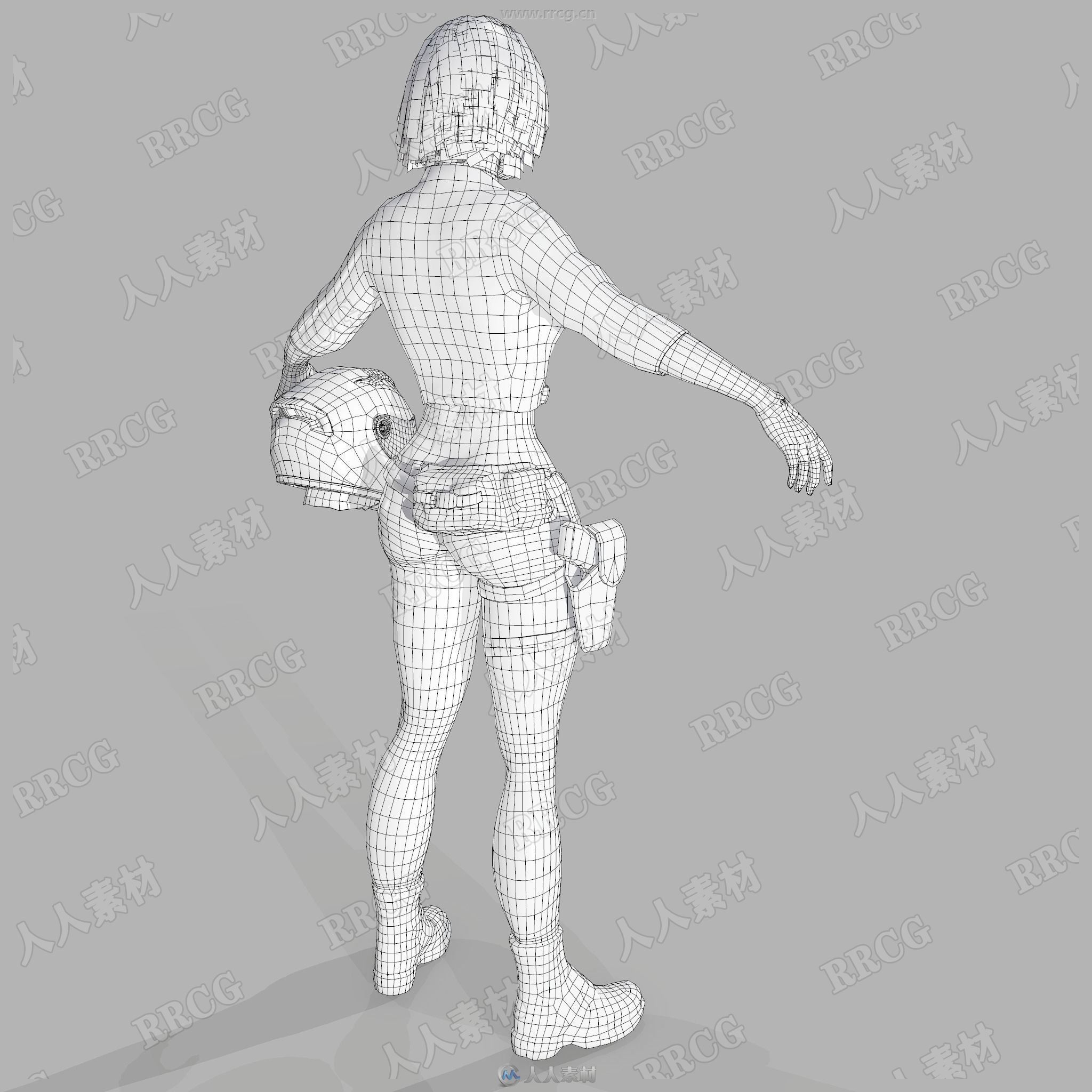 头盔机车摩托车女孩3D模型 附骨骼动画