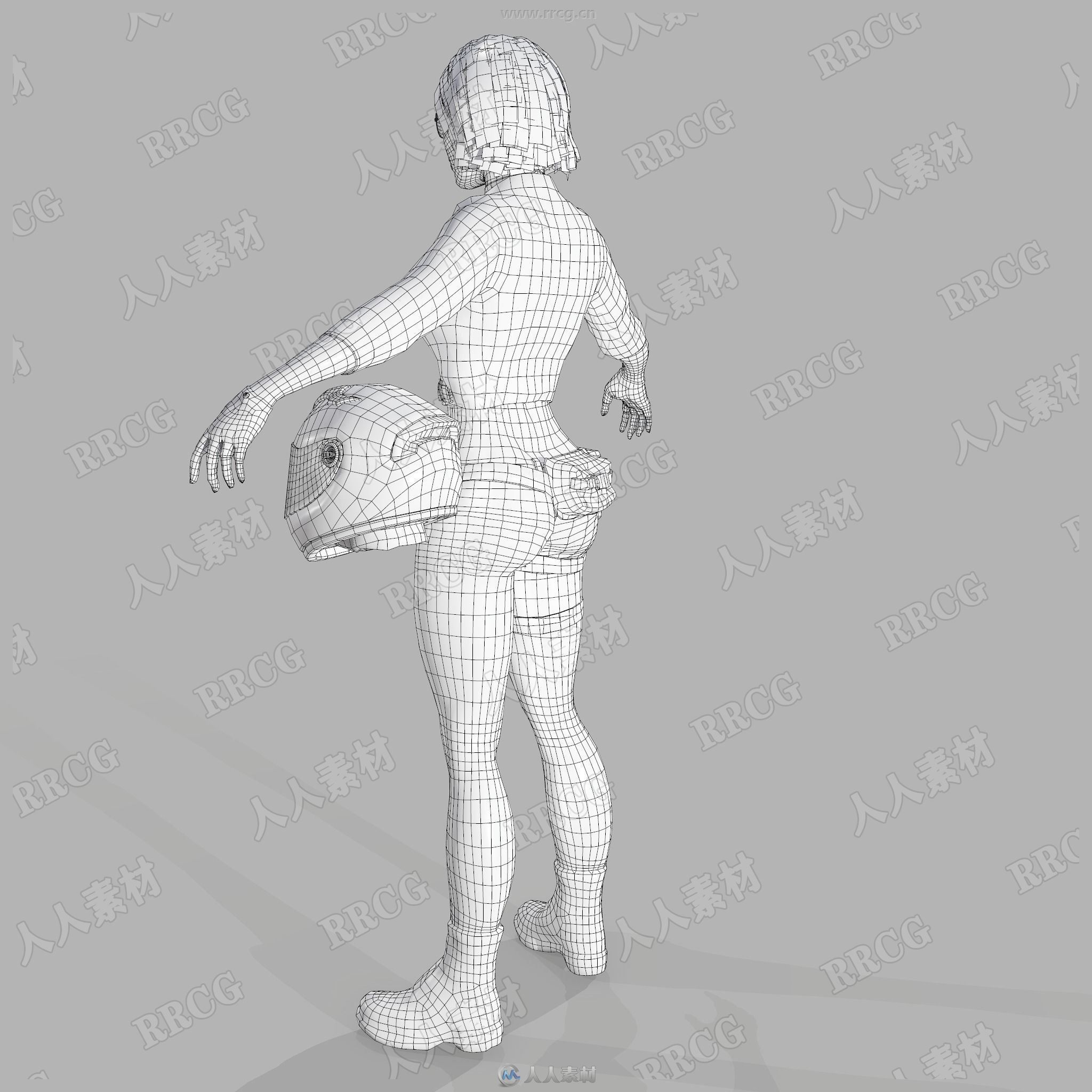 头盔机车摩托车女孩3D模型 附骨骼动画