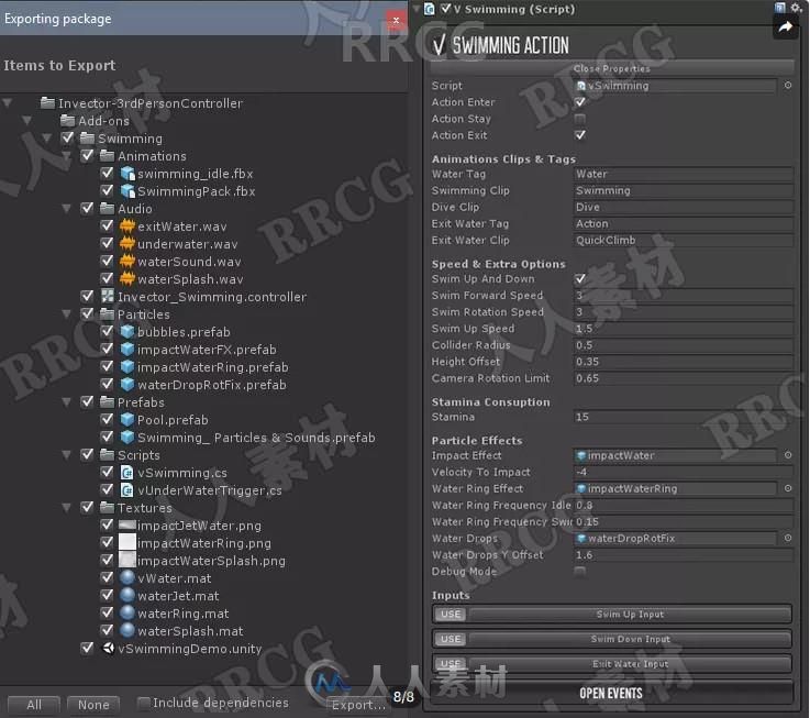 游泳潜水水中动作附加组件游戏工具Unity游戏素材资源