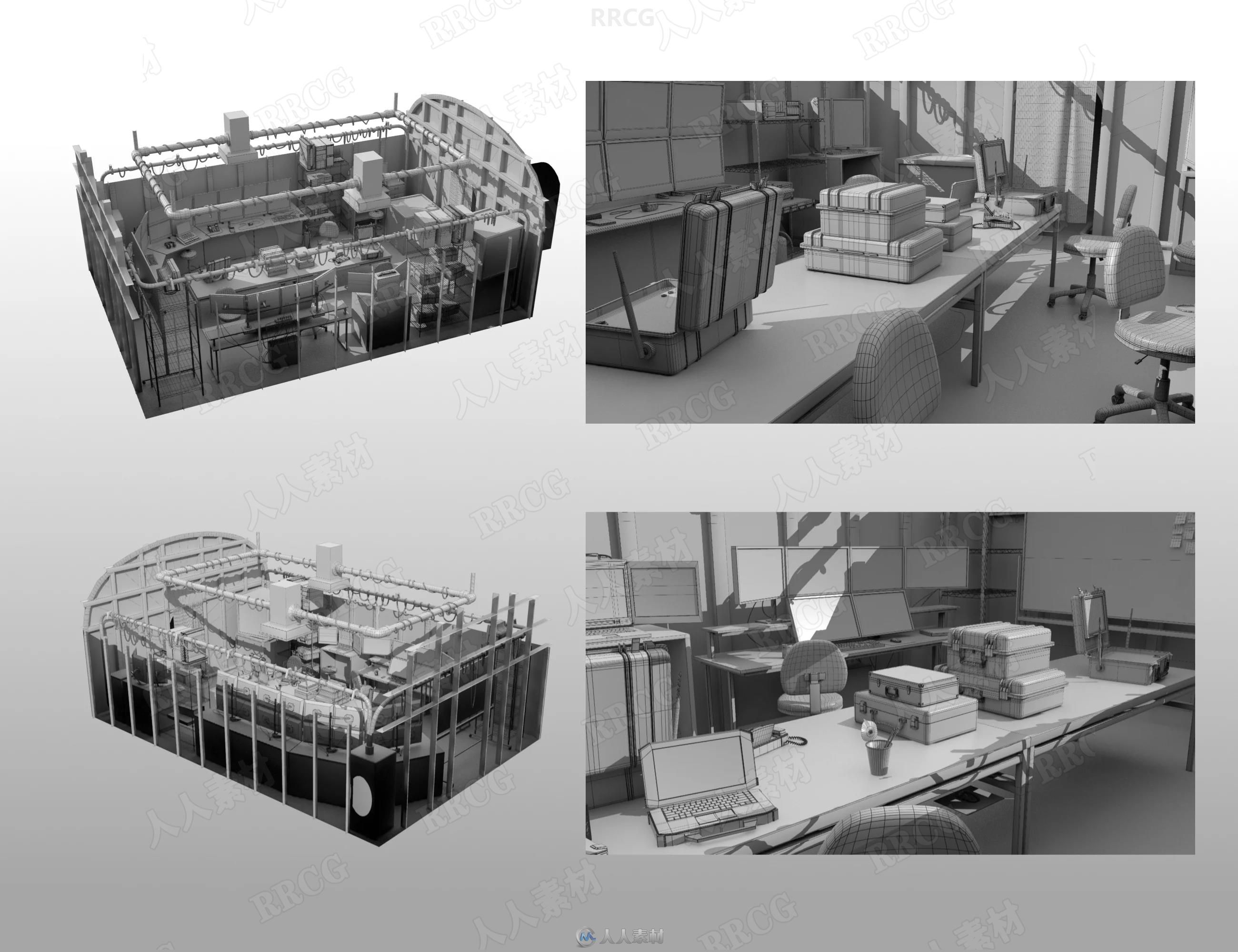 黑客电脑工作室监控室场景室内设计3D模型合集