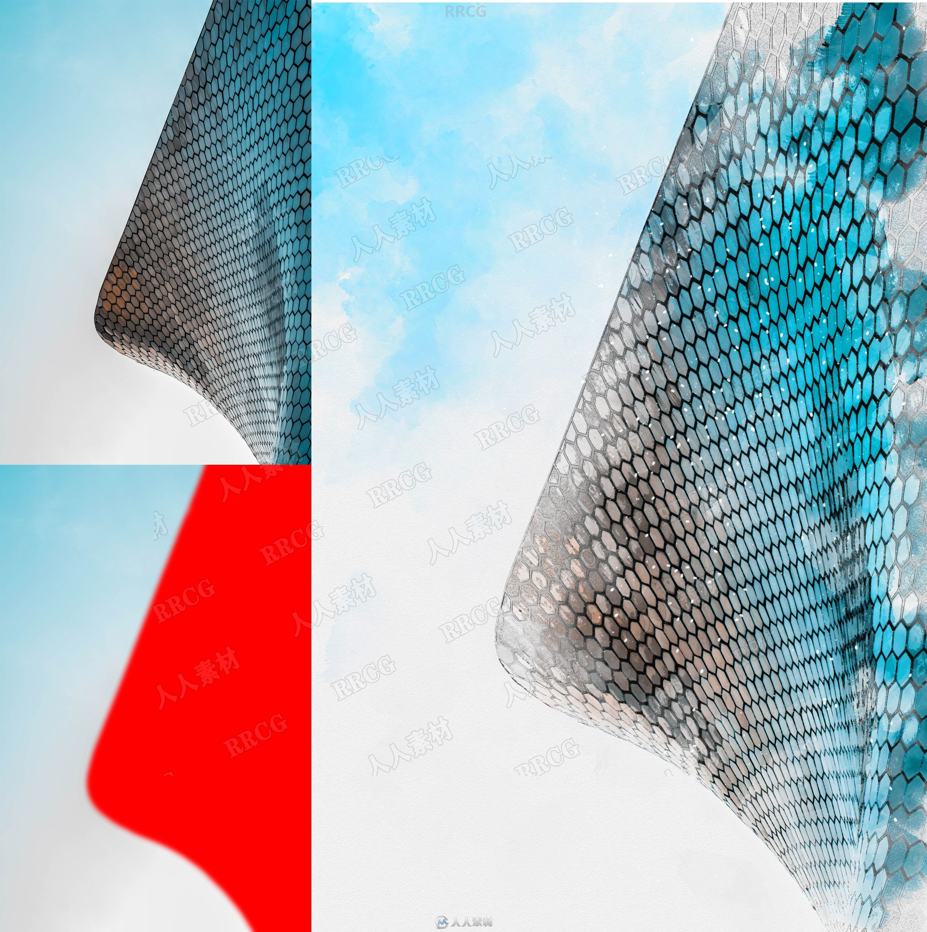 逼真写实现代建筑场景水彩画效果艺术图像处理特效PS动作