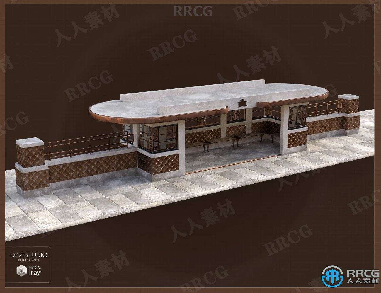 露天室外巴士公交站台铜制装饰材料3D模型合集