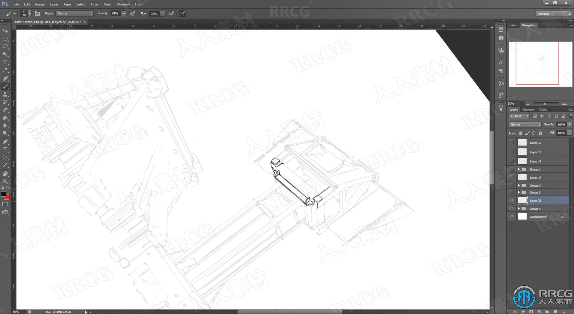 PS初学者建筑素描线稿绘制工作流程视频教程