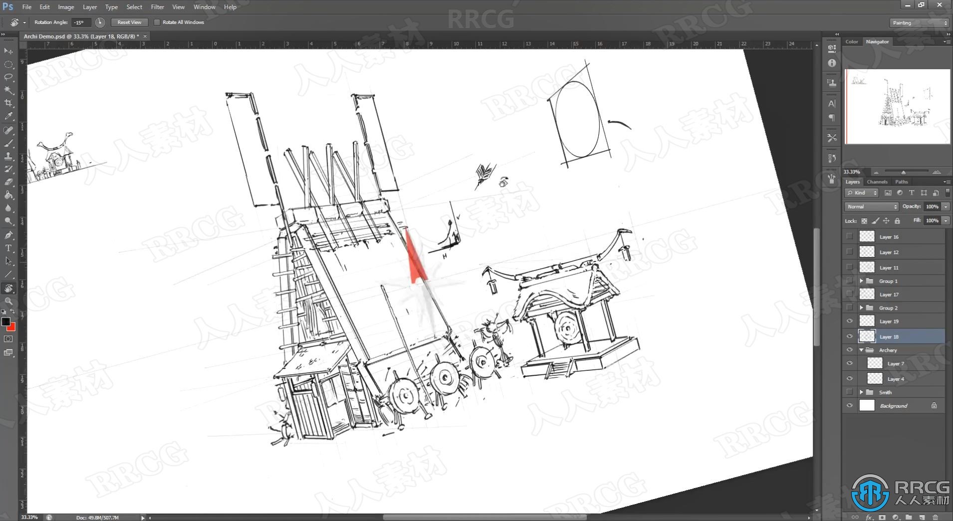 PS初学者建筑素描线稿绘制工作流程视频教程